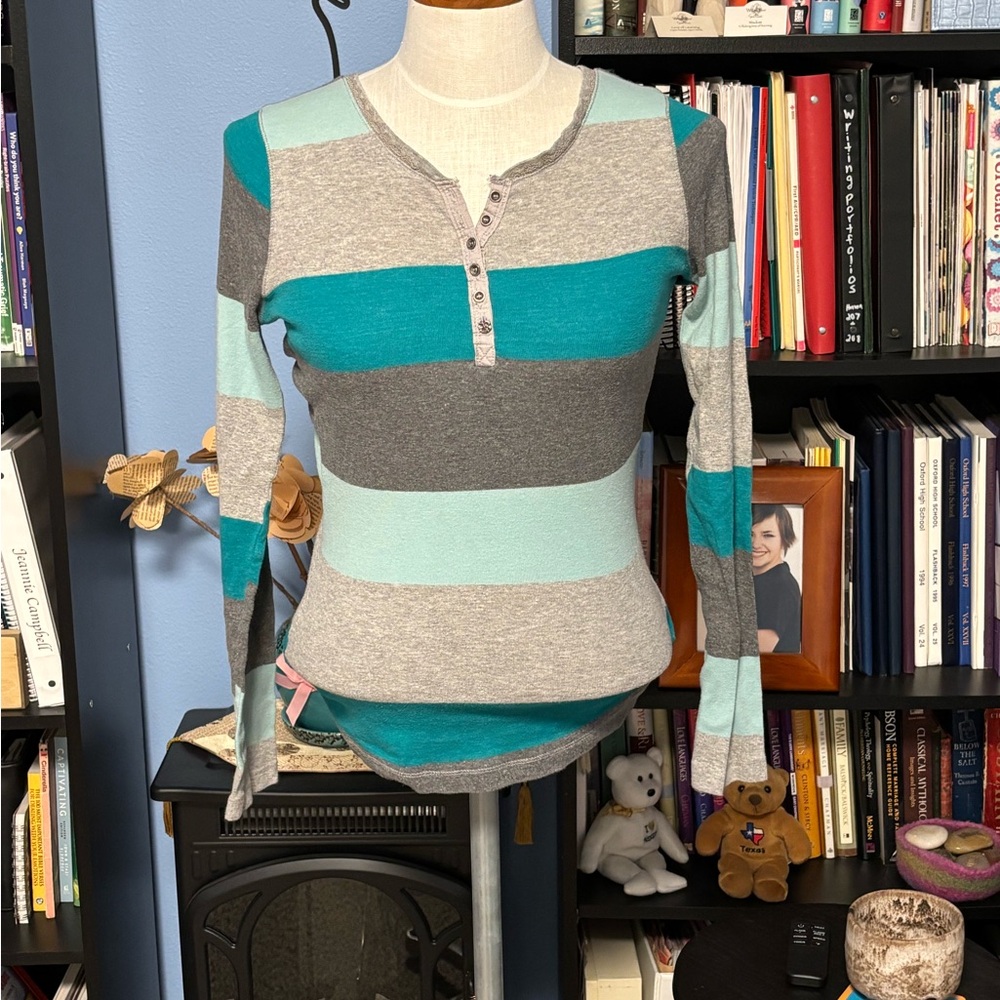 Rue21 Teal and Gray Striped Long Sleeve Top